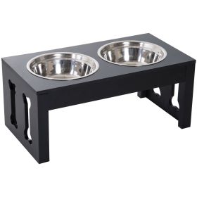 23" Modern Decorative Dog Bone Wooden Heavy Duty Elevated Dog Bowl Feeding Station - Black